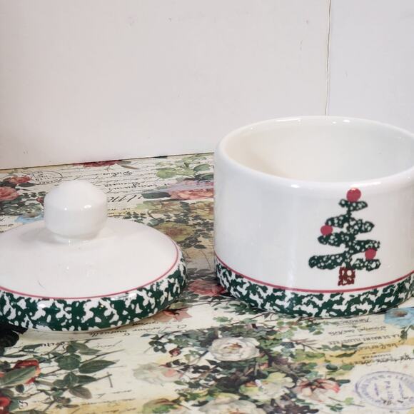 Furio Italy Christmas Tree Lidded Jar Green Red Holiday Crock 4x4 In - Picture 5 of 5